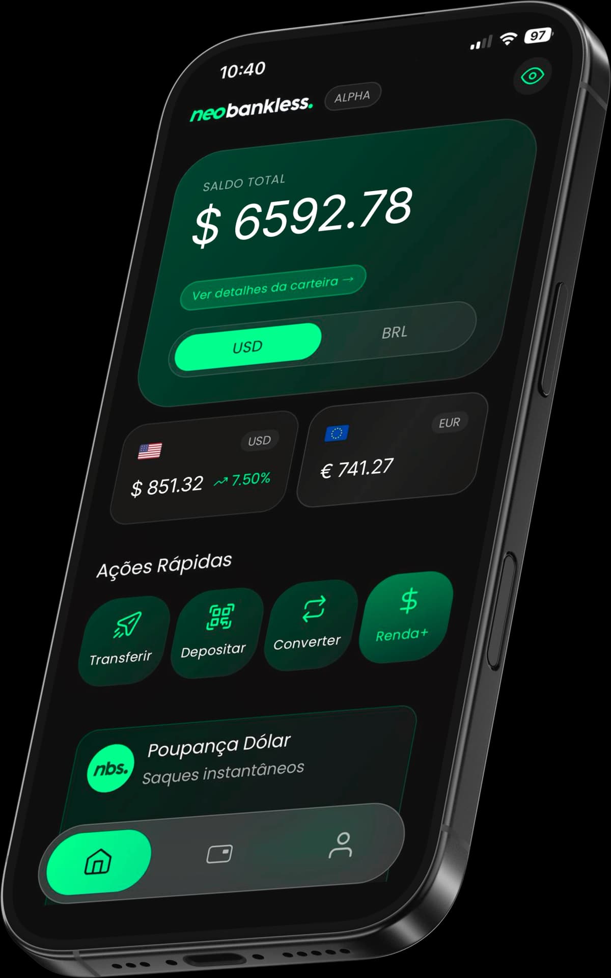 Mockup do aplicativo Neobankless exibindo saldo e opções de investimento